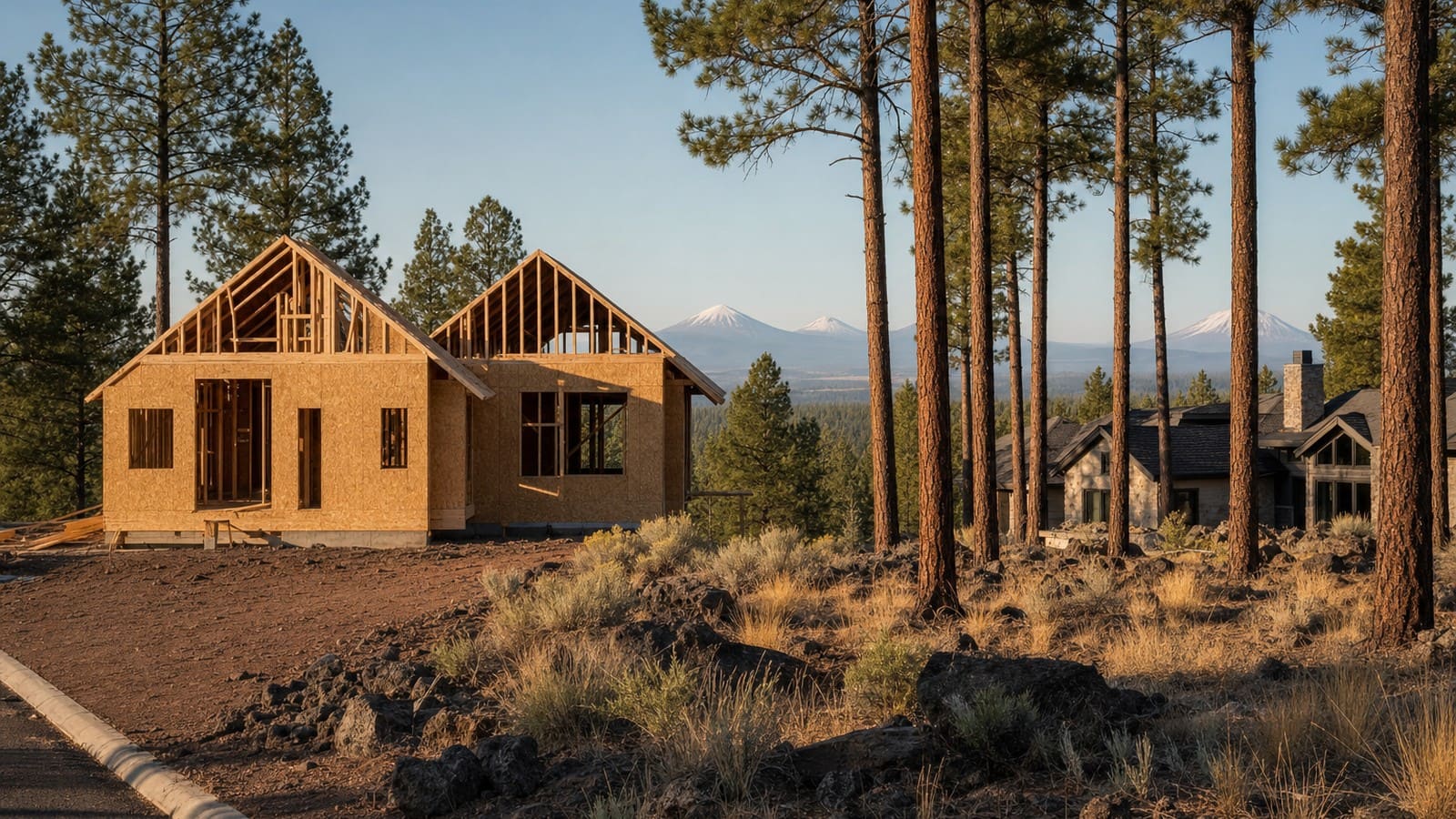 Two-gable home under construction among ponderosa pines and basalt rock, with stone-sided homes nearby and snow-capped volcanic peaks in the distance.