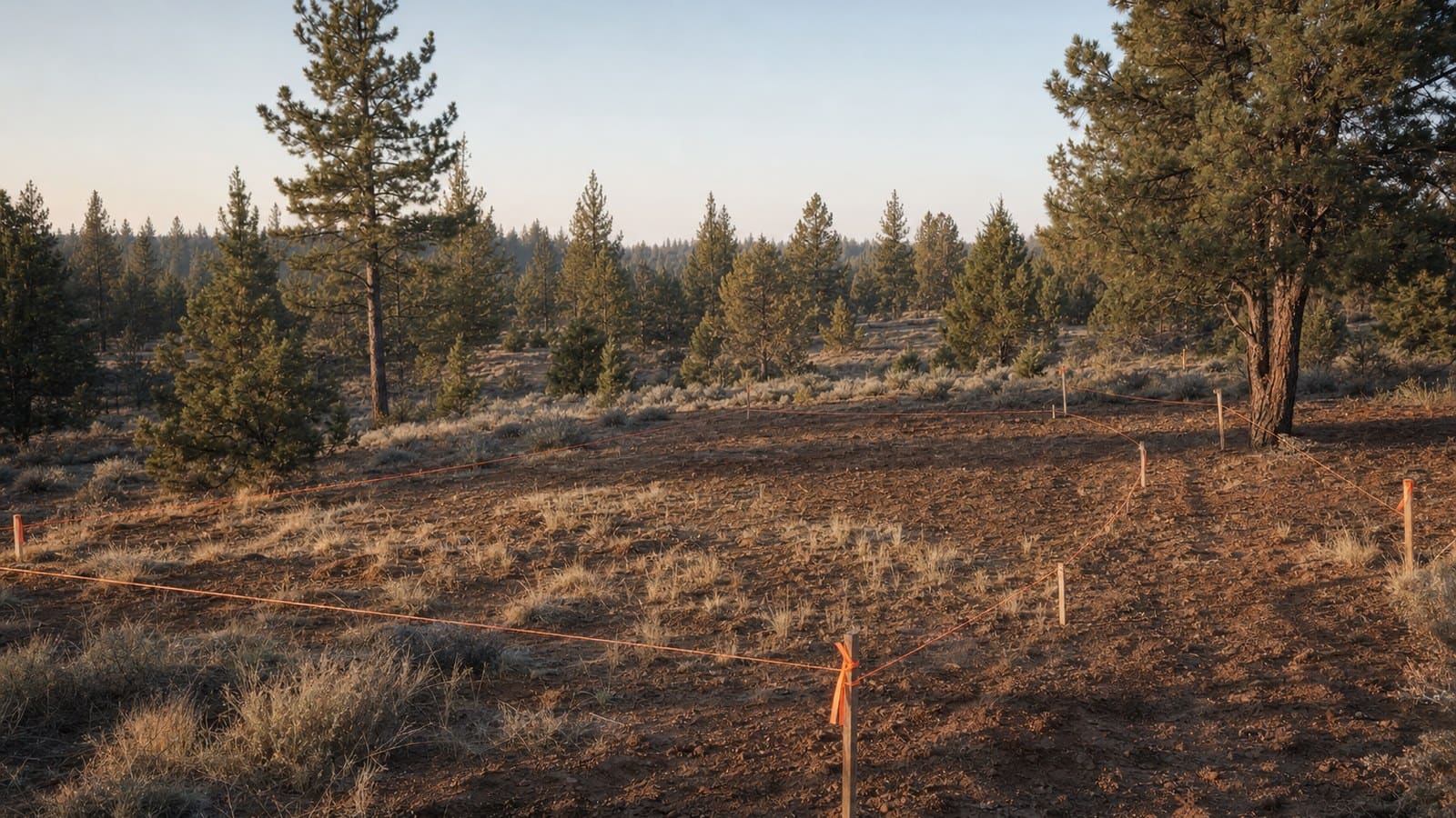 Wooden stakes and orange string lines marking a home footprint on reddish soil among ponderosa pines and sagebrush.