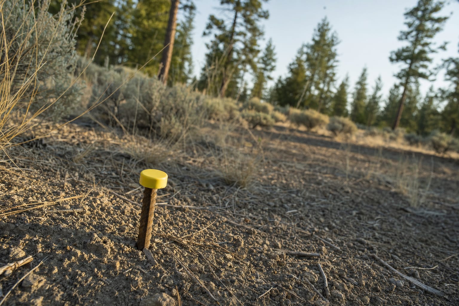 A metal property pin with a bright cap set in the ground at a lot corner