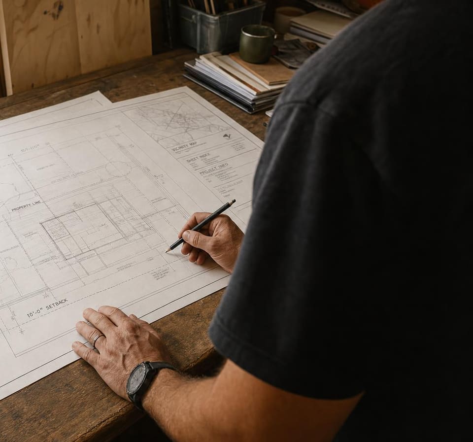 Builder reviewing a site plan at a workbench
