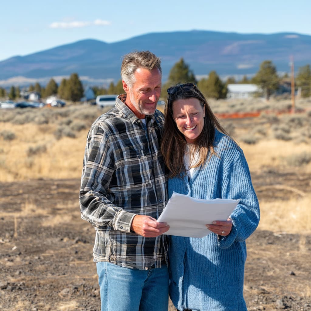 Couple reviewing papers on a high desert lot in Central Oregon.
