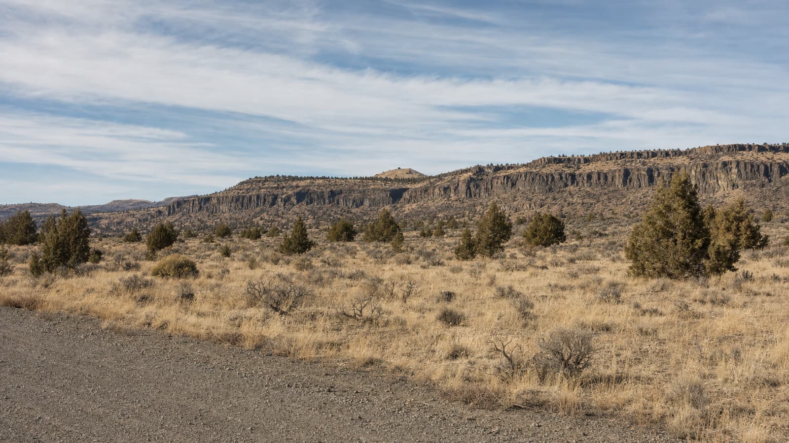 Gravel road beside a vacant lot of dry grass, sagebrush and juniper, with a basalt rimrock bluff behind.