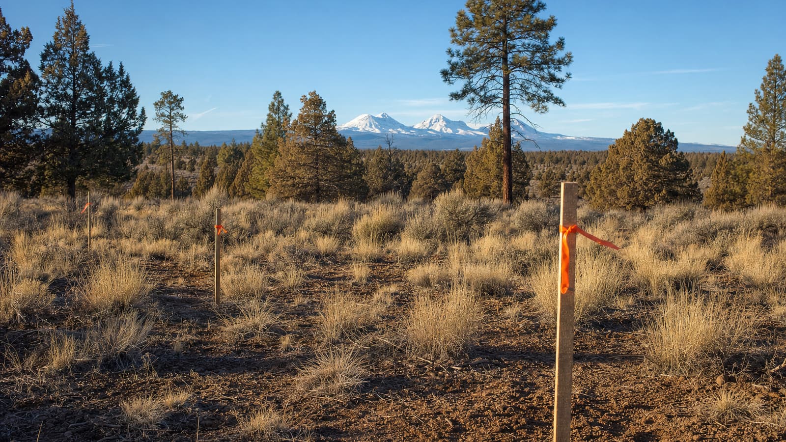 Vacant sagebrush lot with juniper and ponderosa pine, survey stakes with orange flagging, and snowy Cascade peaks beyond.