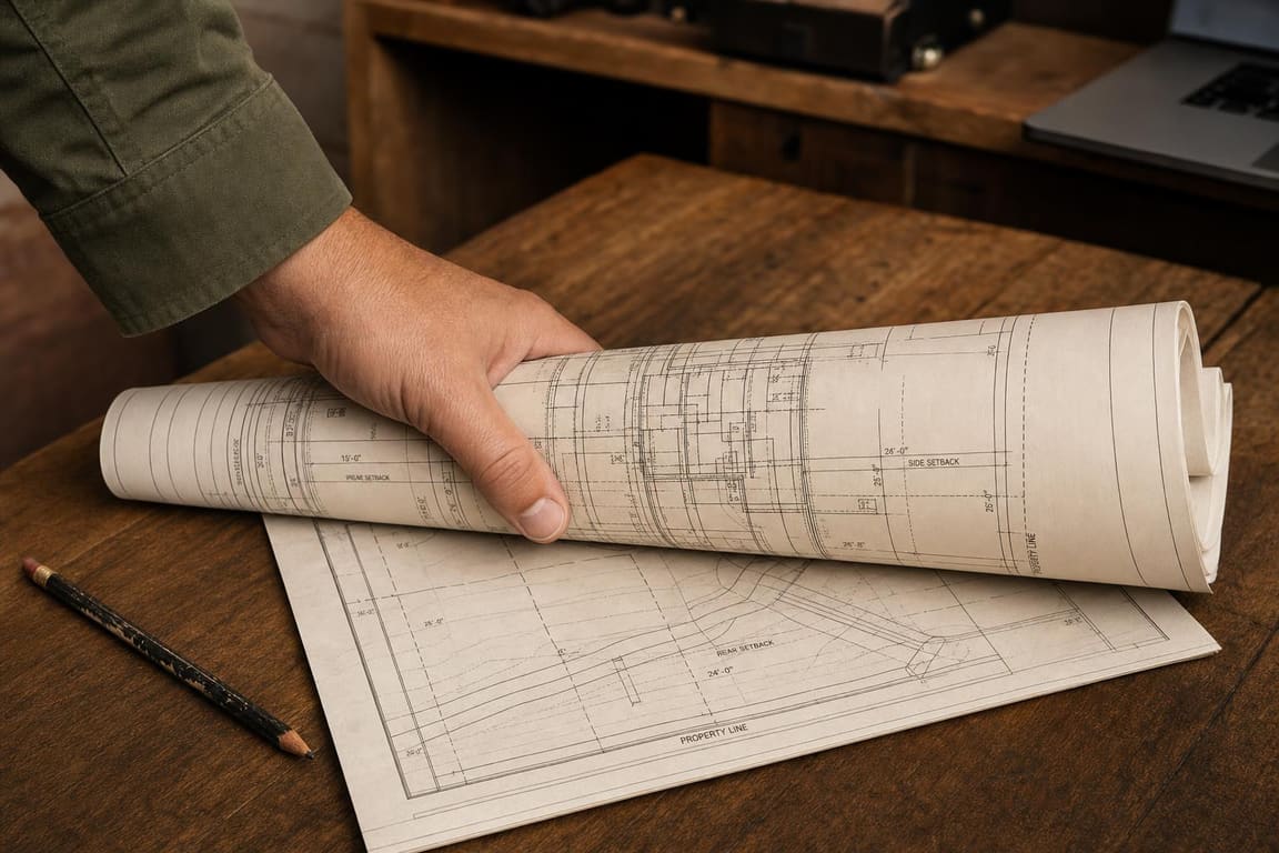 Hand unrolling a residential site plan on a wooden desk