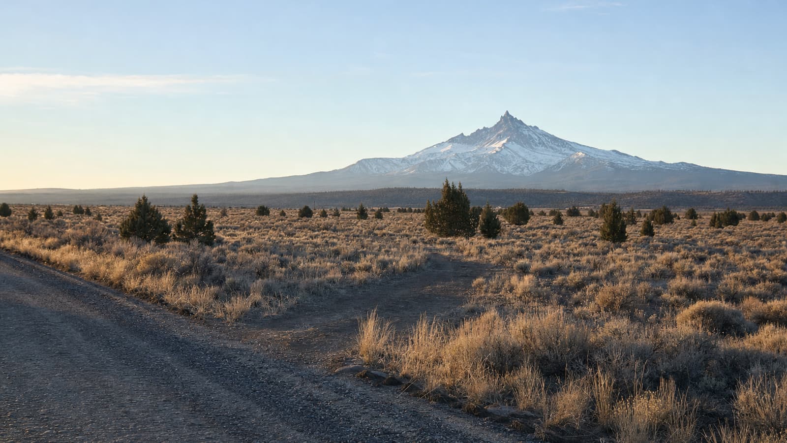 Dirt driveway leaving a gravel road into a sagebrush lot, with snow-capped Mount Jefferson in the distance.