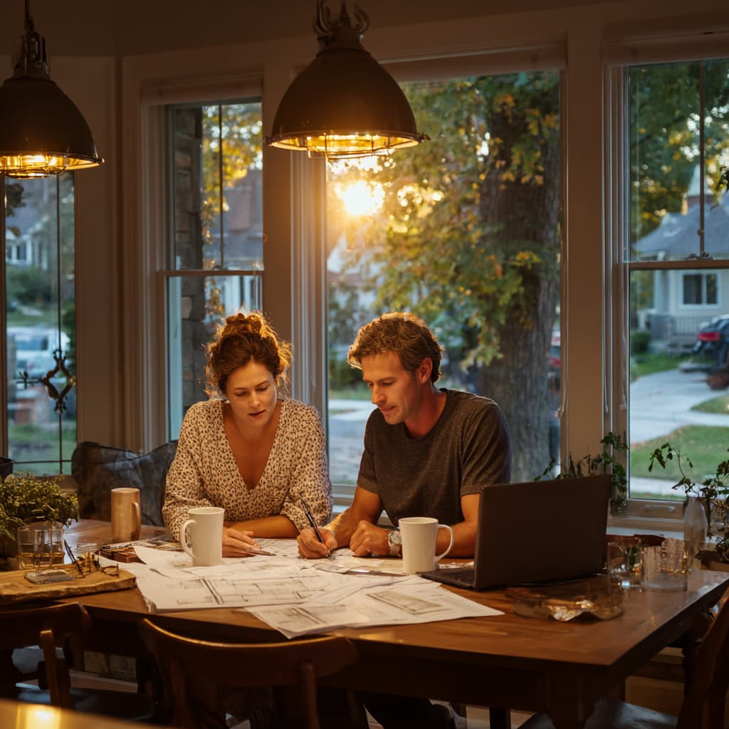 Couple reviewing house plans at a kitchen table.