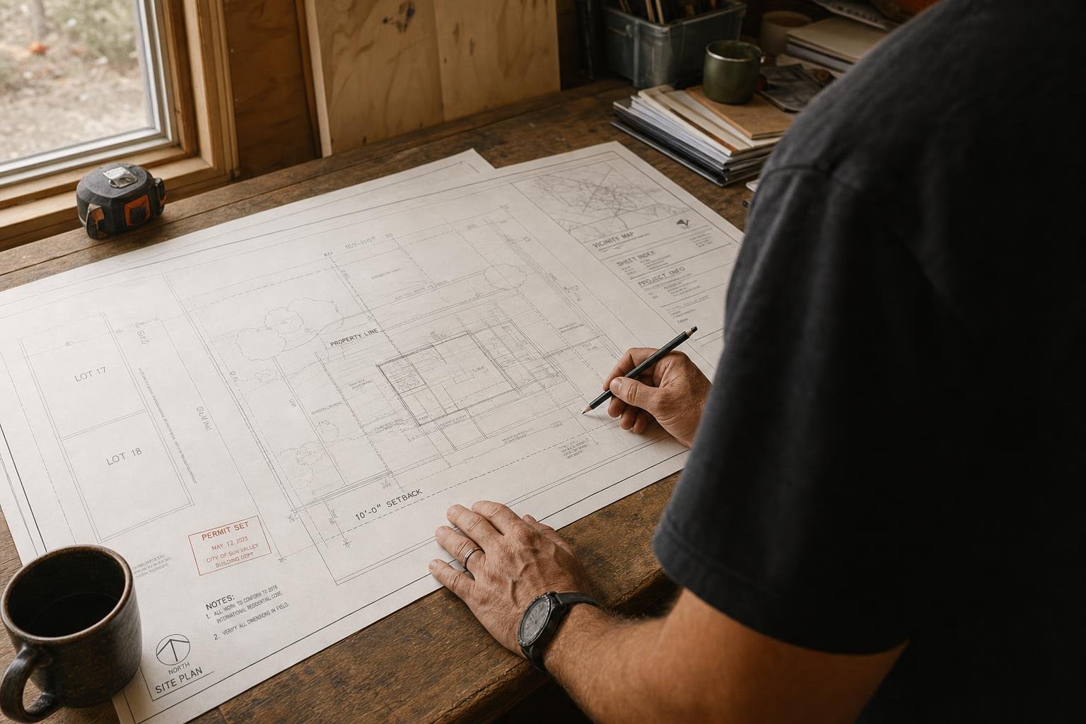 Don Healy reviewing architectural plans
