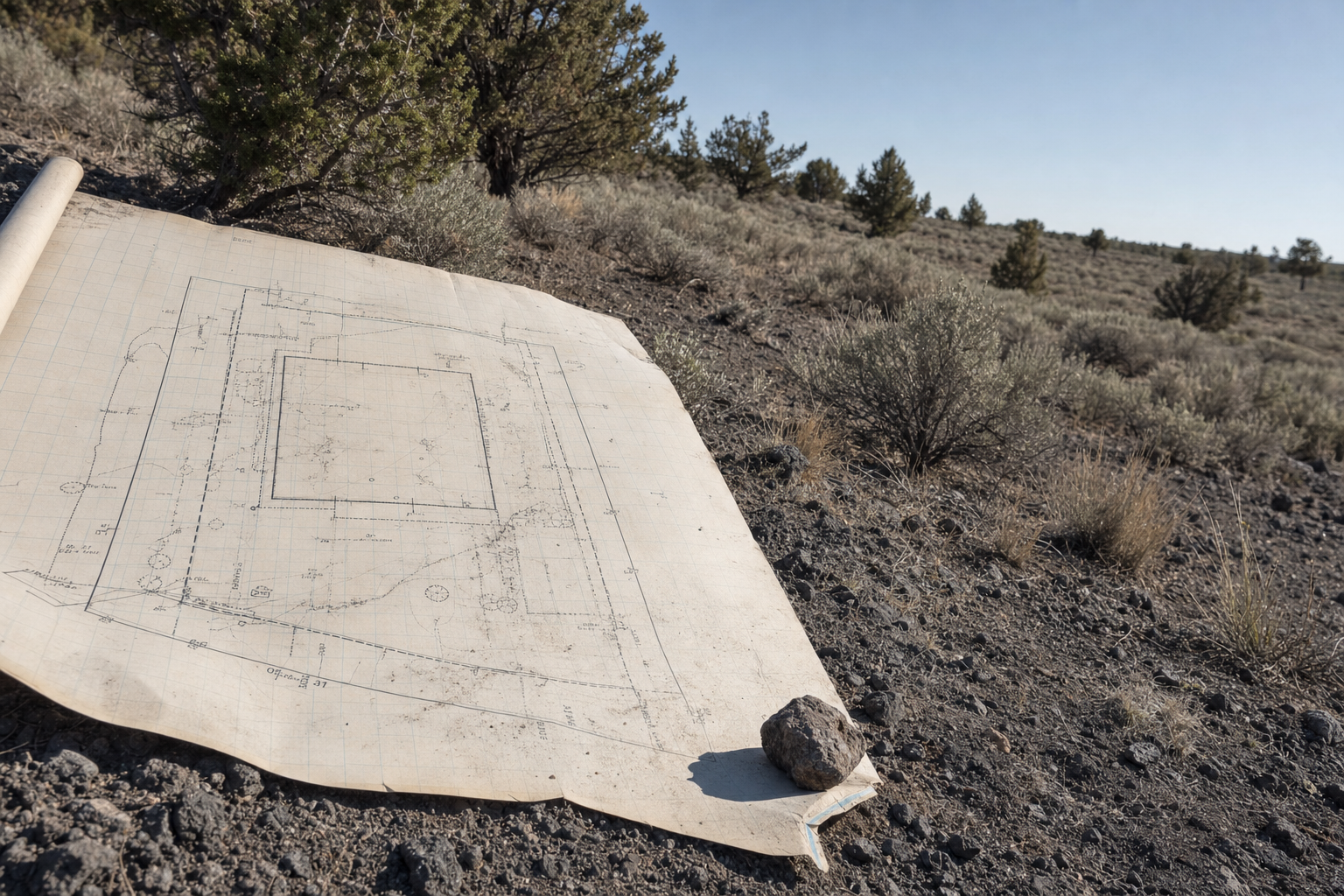 Undeveloped lot in Central Oregon with a residential site plan document on volcanic soil, showing property lines and setback annotations in High Desert light
